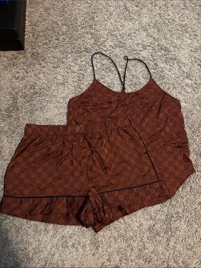 Victoria's Secret Brown Checker Satin Cami & Shorts Pajama Set